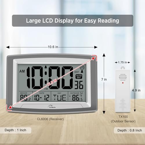 41H1sypxgFL._SL500_.jpg WallarGe Atomic Clock: 12.5" Self-Setting Digital Clock with Indoor/Outdoor Temp. Battery-Powered for Home or Office. - Image 2