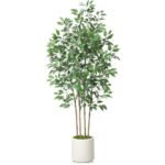 SOGUYI Ficus Artificial Tree 6ft Fake Silk Plant for Home Decor Indoor, Faux Floor Tree in White Imitation Ceramic Planter with Green Fake Moss for Home Office Corner Indoor Decor, Set of 1