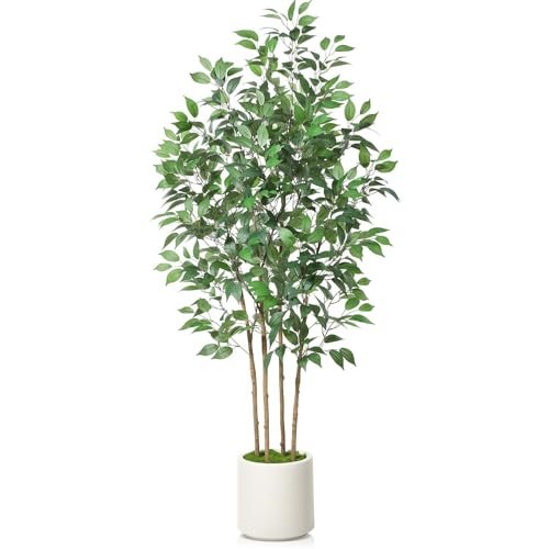 SOGUYI 6ft Ficus Artificial Tree: Faux Silk Plant in White SOGUYI Ficus Artificial Tree 6ft Fake Silk Plant for Home Decor Indoor, Faux Floor Tree in White Imitation Ceramic Planter with Green Fake Moss for Home Office Corner Indoor Decor, Set of 1