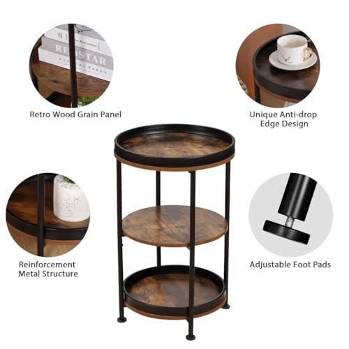 41JAXQ2GbL._SL500_.jpg Dulcii Round End Table with 3 Storage Shelves – Small Space Sofa, Nightstand, or Outdoor Table in Rustic Brown - Image 10