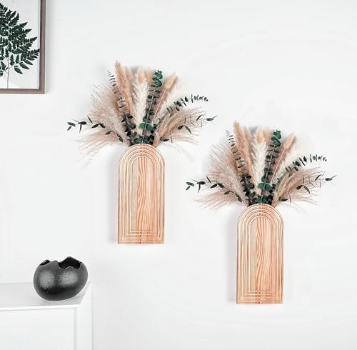 41Jb8TfmxVL._SL500_.jpg Set of 2 Wooden Vases with Pampas Grass & Eucalyptus – Boho Home Decor for Living Room & Entryway - Image 5