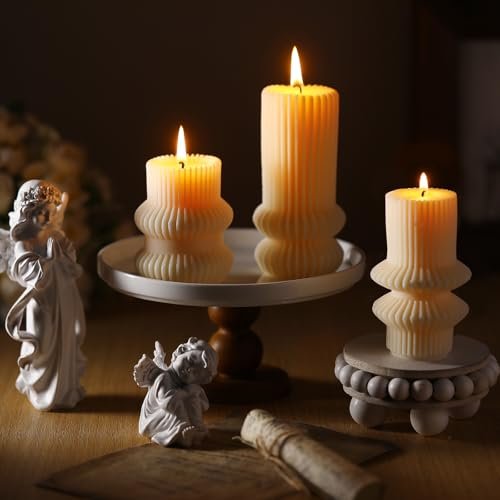 41LDZGny8vL._SL500_.jpg MTLEE 3-Pack Small Ivory White Ribbed Pillar Candles (4.7, 4.2, 3.2 in) - Scented Soy Wax Decor for Weddings, Dinners, and Christmas. - Image 6