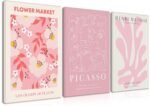 Djmwtb Matisse Picasso Pink Canvas Wall Art Framed Set of 3 Abstract Flower Market Prints Cute Posters Aesthetic Pictures Paintings Wall Decor for Girls Bedroom Apartment Living Room 12x16in