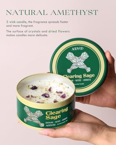 41M3L3dfyvL._SL500_.jpg AOOVOO Sage Candle for Cleansing – 12oz Large 3-Wick Scented Candle with Crystals & Sage, Non-Toxic Aromatherapy Gift for Meditation. - Image 3