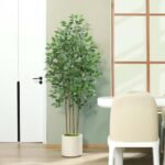 SOGUYI 6ft Ficus Artificial Tree: Faux Silk Plant in White Ceramic Planter for Indoor Home Office Decor. - Image 9