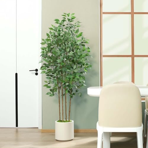 41NGHQXU4gL._SL500_.jpg SOGUYI 6ft Ficus Artificial Tree: Faux Silk Plant in White Ceramic Planter for Indoor Home Office Decor. - Image 9