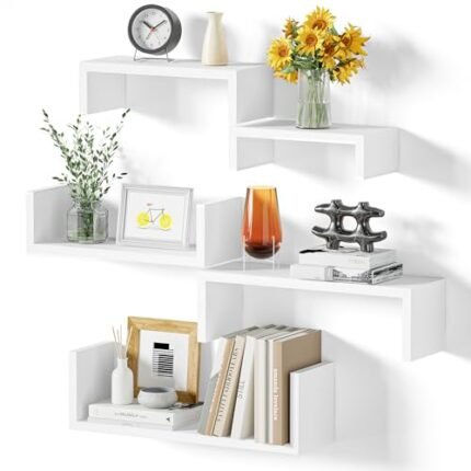 SRIWATANA Floating Shelves for Wall, Wall Shelves for Bathroom, Bedroom, Living Room, Kitchen, Office, Wood Shelves for Home Decor Set of 5 (Washed White)