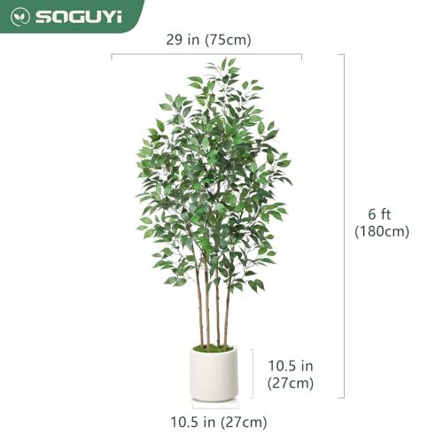 41TkDAbdPML._SL500_.jpg SOGUYI 6ft Ficus Artificial Tree: Faux Silk Plant in White Ceramic Planter for Indoor Home Office Decor. - Image 6