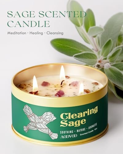 41TtSspQlZL._SL500_.jpg AOOVOO Sage Candle for Cleansing – 12oz Large 3-Wick Scented Candle with Crystals & Sage, Non-Toxic Aromatherapy Gift for Meditation. - Image 4