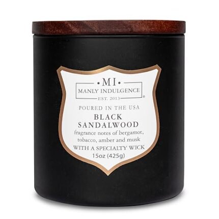 Manly Indulgence Black Sandalwood Scented Candle for Men 15 oz – Bergamot, Tobacco, Amber & Musk - Wood Wick - Up to 60 Hours Burn - Soy Blend Wax, USA Poured – Signature Collection