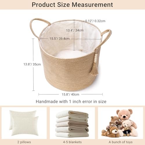 41XfrLSPegL._SL500_.jpg Mkono Natural Rope Storage Basket with Wooden Beads – Stylish Organizer for Blankets, Toys, Clothes, and Plants (16"W × 13.8"L) - Image 3