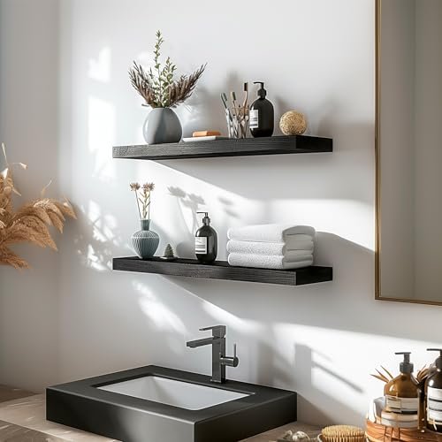 41ZSj0NXPyL._SL500_.jpg Set of 6 PHPH 17-Inch Black Wooden Floating Wall Shelves for Bedroom Decor - Image 2