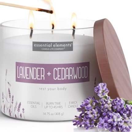 Candle-lite Essential Elements Scented Candles, Lavender & Cedarwood, 14.75 oz Jar, Proudly Poured in the USA, Aromatherapy, 3-Wick with 45 Hours of Burn Time, Perfect for Creating a Relaxing Ambiance