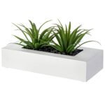 MyGift 10 Inch Artificial Grass Fake Plants in White Rectangular Wood Planter - Faux Plants Indoor for Tabletop Centerpiece Décor