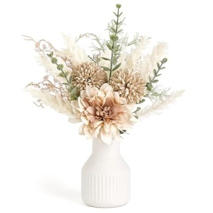 Mkono Small Artificial Flowers in Ceramic Vase 13.5" Centerpieces Coffee Table Decor, Silk Flower Arrangements for Home Decor Indoor Fake Flower Bouquet for Dining Room Kitchen Wedding Brown