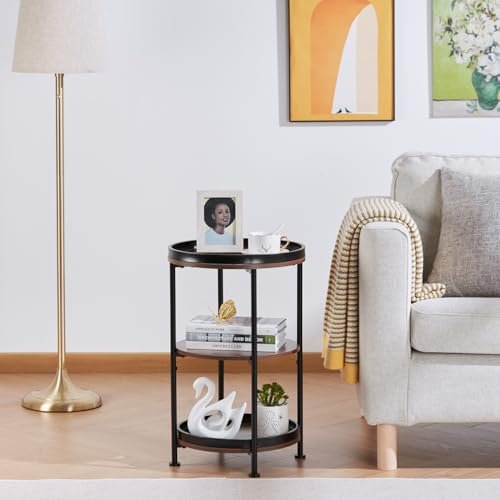 41cb3APrCL._SL500_.jpg Dulcii Round End Table with 3 Storage Shelves – Small Space Sofa, Nightstand, or Outdoor Table in Rustic Brown - Image 4