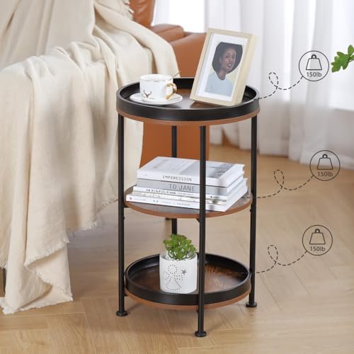 41dReiEMbDL._SL500_.jpg Dulcii Round End Table with 3 Storage Shelves – Small Space Sofa, Nightstand, or Outdoor Table in Rustic Brown - Image 8