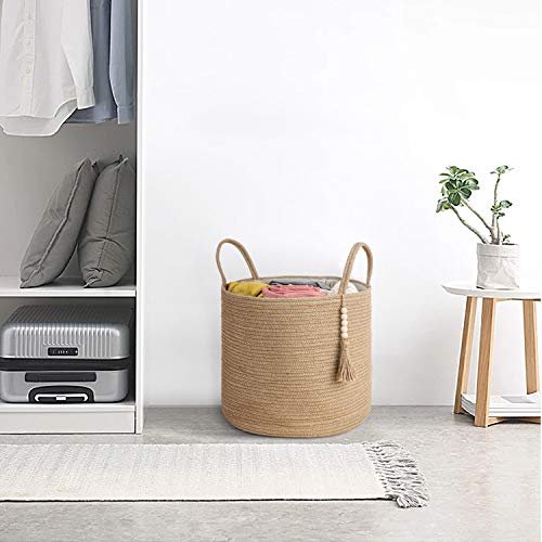 41dyEsRMykL._SL500_.jpg Mkono Natural Rope Storage Basket with Wooden Beads – Stylish Organizer for Blankets, Toys, Clothes, and Plants (16"W × 13.8"L) - Image 2