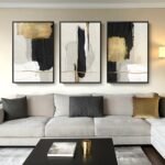 Large Framed Black and White Abstract Wall Art for Living Room, 3 Piece Big Canvas Prints Paintings Artwork for Walls, Modern Minimalist Black Gold Pictures for Hallway Office Wall Decor 24x36 Inch