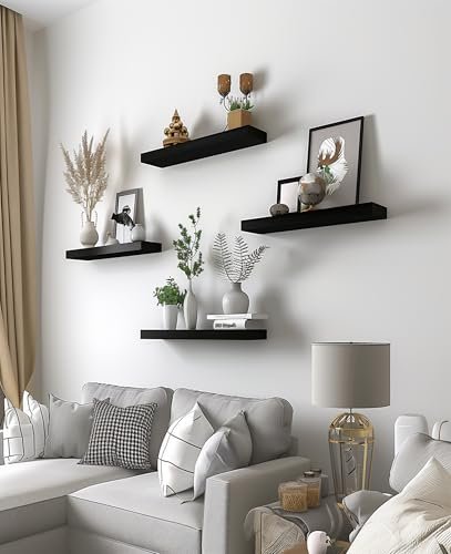 41iBXWJBPSL._SL500_.jpg Set of 6 PHPH 17-Inch Black Wooden Floating Wall Shelves for Bedroom Decor - Image 5