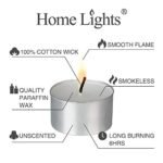 HomeLights Unscented White Tealight Candles - 100 Pack, Smokeless, 6-7 Hour Burn Time for Weddings, Shabbat & Decor - Image 3