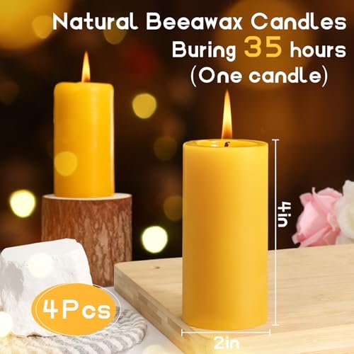 41kSSzIRCcL._SL500_.jpg 4PCS 2x4" Pure Beeswax Pillar Candles - 140 Hours Burn Time, Smokeless & Dripless for Home Decor & Spa. - Image 3