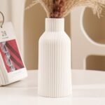 White Ceramic Flower, Pampas Grass Vase - Small Modern Bohemian Centerpiece for Dining Table, Mantel or Shelf Decor
