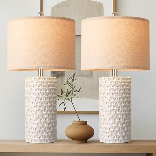PARTPHONER 23" Modern Ceramic Table Lamp Set of 2 - PARTPHONER 23" Modern Ceramic Table Lamp Set of 2, Table Lamps for Living Room, Rustic Farmhouse Bedside Lamps Nightstand lamp for Bedroom, White Desk Lamp for End Table Home Decor Beige