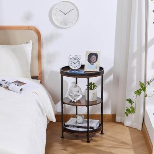 41npw3z3sL._SL500_.jpg Dulcii Round End Table with 3 Storage Shelves – Small Space Sofa, Nightstand, or Outdoor Table in Rustic Brown - Image 9