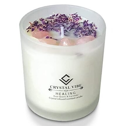 Crystal Vibe Healing Crystal Candle With Rose Quartz Crystals and Lavender Petals - Natural Soy Wax Lavender Scented Candle for Aromatherapy Meditation - Birthday Christmas Gifts for Women