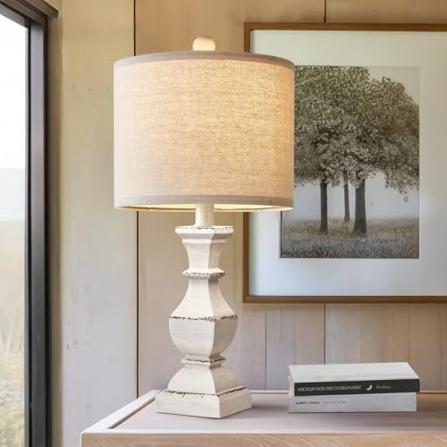 41pVMD6DpgL._SL500_.jpg PoKat 20.5" Vintage Farmhouse Table Lamp - Rustic Nightstand Lamp in Distressed Washed White, Ideal for Small Spaces. - Image 3