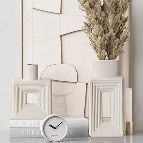41pigghh6iL._SL500_.jpg Set of 2 White Ceramic Square Vases in Nordic Boho Style for Rustic Home Decor – Ideal for Living Room, Shelf, Table, and Entryway. - Image 2