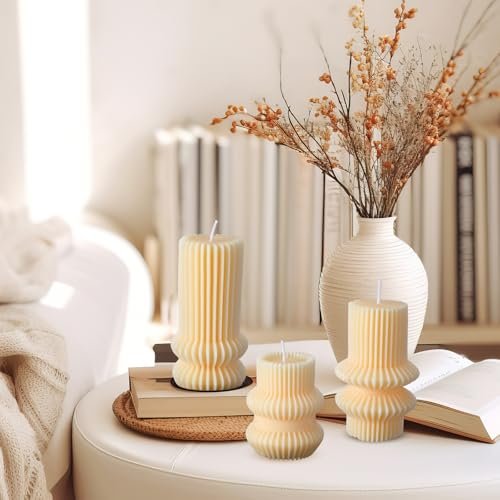 41qCQ8no3L._SL500_.jpg MTLEE 3-Pack Small Ivory White Ribbed Pillar Candles (4.7, 4.2, 3.2 in) - Scented Soy Wax Decor for Weddings, Dinners, and Christmas. - Image 3