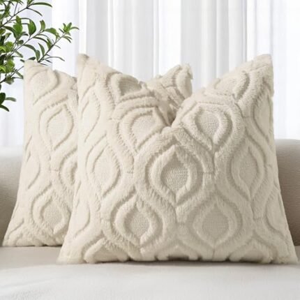decorUhome Fall Throw Pillow Covers 18x18 Inch Set of 2, Soft Plush Faux Wool Beige Solid Couch Pillow Covers, Accent Farmhouse Neutral Square Pillow Cases for Sofa Bed Living Room Home Decor