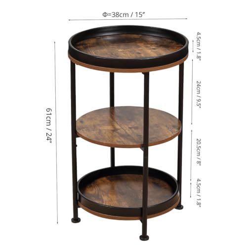41s6jPN39FL._SL500_.jpg Dulcii Round End Table with 3 Storage Shelves – Small Space Sofa, Nightstand, or Outdoor Table in Rustic Brown - Image 3