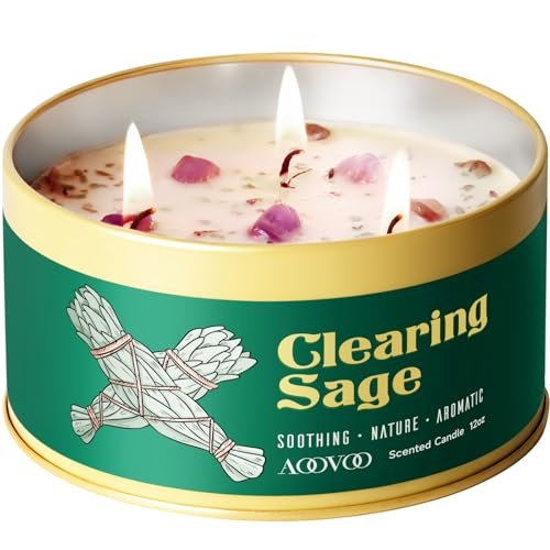 AOOVOO Sage Candle for Cleansing – 12oz Large 3-Wick Scented AOOVOO Sage Candle for Cleansing - 3 Wick 12oz Large Scented Candle with Crystals & Sage Leaves Inside, Soy Candles Non Toxic for Meditation Spiritual Gift, Aromatherapy Candle for Women Men