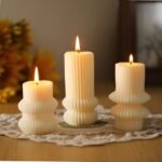 MTLEE 3 Pcs 4.7, 4.2, 3.2 in Height, Small Ribbed Pillar Candles Scented Aesthetic Modern Decorative Soy Wax Candles for Wedding Dinner Christmas Home Decor(Ivory White)