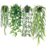 Der Rose 4Pcs Fake Plants Hanging Artificial Ivy Vine Faux Eucalyptus Hanging Plants, Boston Fern, String of Pearls for Living Room Bedroom Boho Wall Shelf Indoor Outdoor Decor