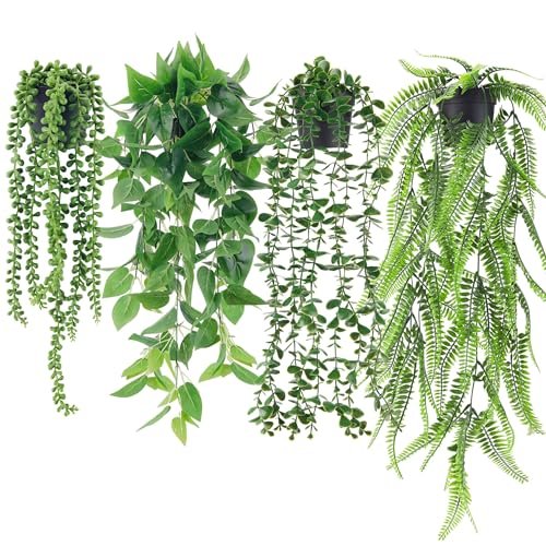 Der Rose 4Pcs Faux Hanging Plants: Ivy Vine, Eucalyptus, Boston Der Rose 4Pcs Fake Plants Hanging Artificial Ivy Vine Faux Eucalyptus Hanging Plants, Boston Fern, String of Pearls for Living Room Bedroom Boho Wall Shelf Indoor Outdoor Decor