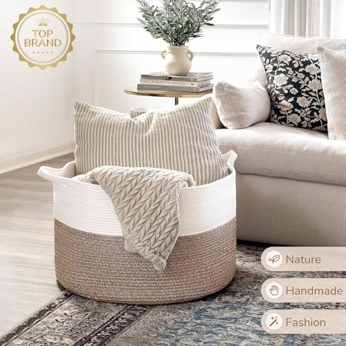 51-pFyYyEEL._SL500_.jpg INDRESSME XXXLarge Cotton Rope Basket - 21.7" x 21.7" x 13.8" for Baby Laundry, Toys & Comforters, Easy-Handle Storage Solution. - Image 7