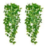 Fake Hanging Plants Vines(2pcs) for Room Decor, Artificial Ivy Greenery Garlands for Home Bedroom Living Aesthetic Kitchen Office Wall Patio Bookshelf,Indoor,Outdoor Farmhouse Decorations(No Basket)