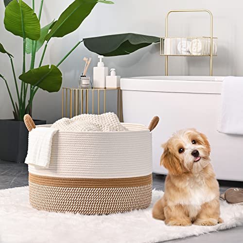 512Mr6y5KfL._SL500_.jpg KAKAMAY Large Cotton Rope Blanket Basket (20"x13") - Woven Storage for Baby, Laundry, Toys (White/Brown) - Image 3