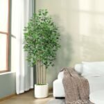 SOGUYI 6ft Ficus Artificial Tree: Faux Silk Plant in White Ceramic Planter for Indoor Home Office Decor. - Image 3
