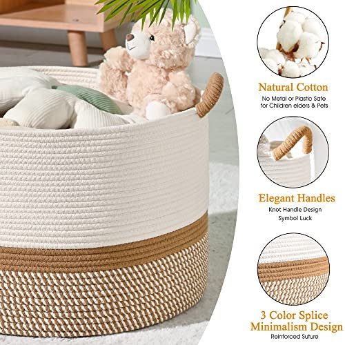 514cdI1xGL._SL500_.jpg KAKAMAY Large Cotton Rope Blanket Basket (20"x13") - Woven Storage for Baby, Laundry, Toys (White/Brown) - Image 6