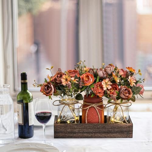 514ebqqpdOL._SL500_.jpg DUOER 3-Piece Mason Jar Centerpiece for Farmhouse Dining Table Decor with Wood Tray & LED Lights. Ideal for Kitchen, Living Room & Bathroom. - Image 4
