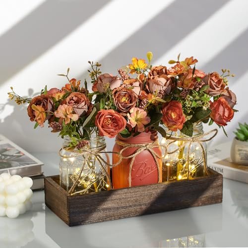 5153IazjCL._SL500_.jpg DUOER 3-Piece Mason Jar Centerpiece for Farmhouse Dining Table Decor with Wood Tray & LED Lights. Ideal for Kitchen, Living Room & Bathroom. - Image 2