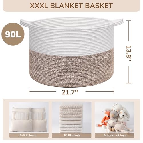 515g5NculdL._SL500_.jpg INDRESSME XXXLarge Cotton Rope Basket - 21.7" x 21.7" x 13.8" for Baby Laundry, Toys & Comforters, Easy-Handle Storage Solution. - Image 5