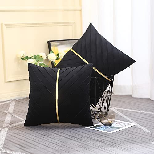 5177-zm4PDL._SL500_.jpg Tosleo Black Velvet Throw Pillow Covers 18x18” - Pack of 2 with Gold Leather for Modern Luxury Decor. - Image 6