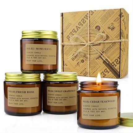 YFYTRE 4 Pack Scented Candle Set Soy Wax Candles, Aromatherapy Candles for Home Decoration, Jar Candles Gift for Women Mother with Amber Glass Jars and Kraft Wrapping