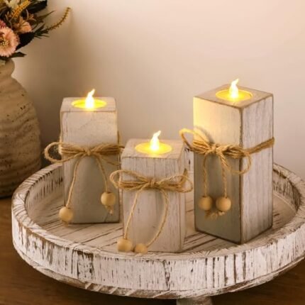 MelonBoat Rustic Flameless LED Candles 3-Pack, Battery Operated Candles with Wooden Candle Holders, White Wooden Blocks with Tea Lights, Farmhouse Candles for Valentines Holiday Party Home Decor